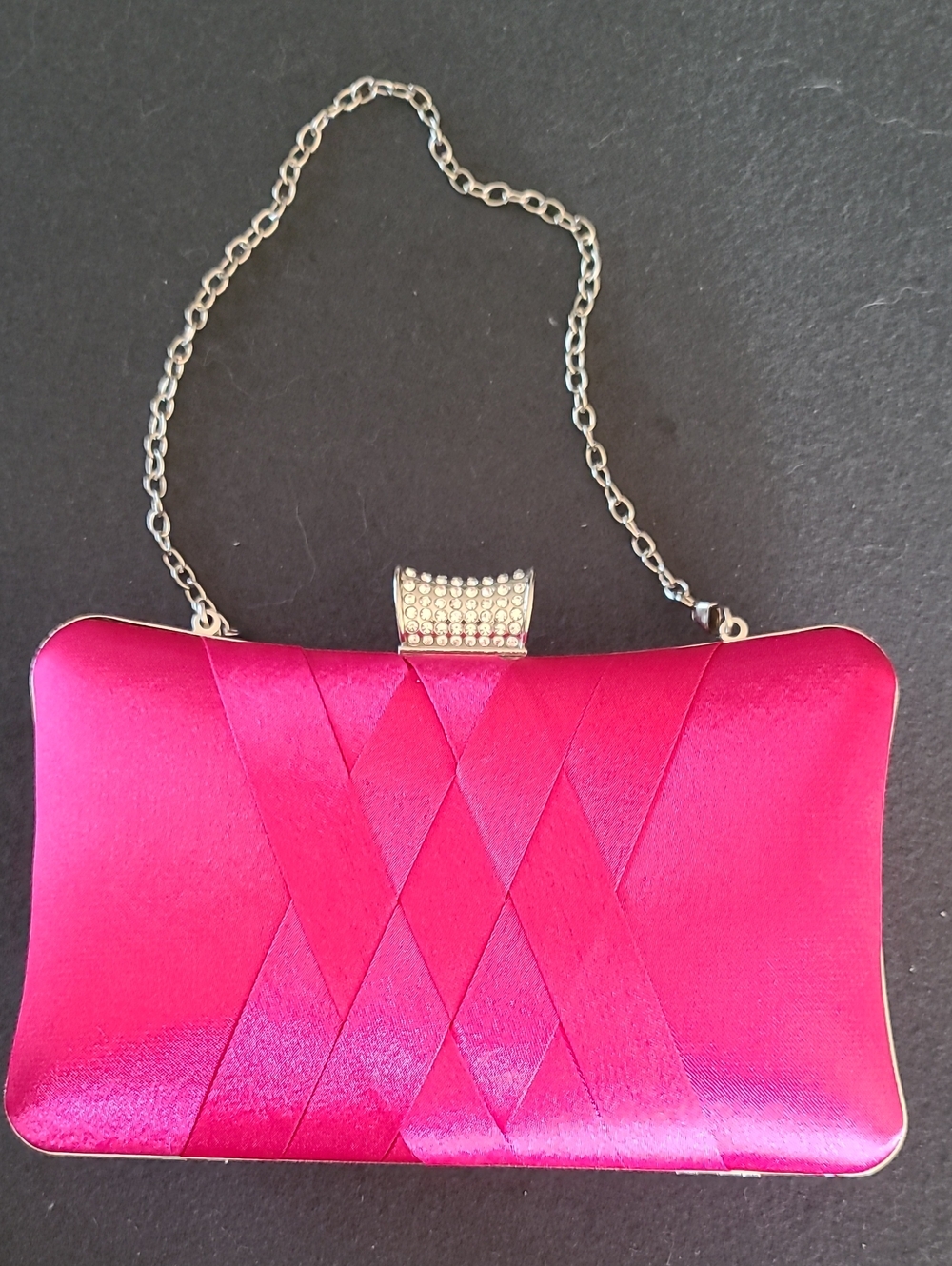 Hot Pink Satin Evening Clutch Bag with Rhinestone Clasp & Chain